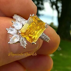 ⭐️Beautiful Radiant Cut Canary Yellow Cz Diamond  Sunburst accented Ring